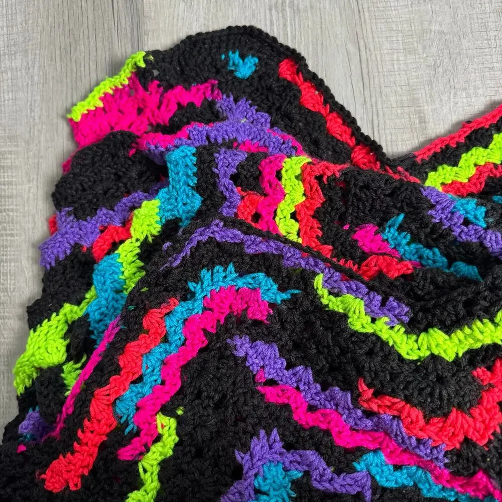 Handmade Crochet Afghan Throw Blanket Neon Chevron Black Retro 40x57 Funky‎